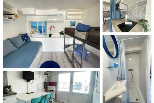 a collage of photos of a bedroom and a dorm room at Le Vrai Cabanon de la Plage Clim-Wifi-Netflix in Marseille