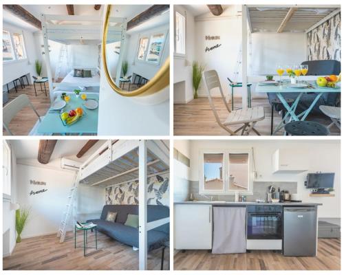 a collage of photos of a kitchen and living room at NatureHomeSpacieux-CentreVilleClimWifiNetflix in Marseille
