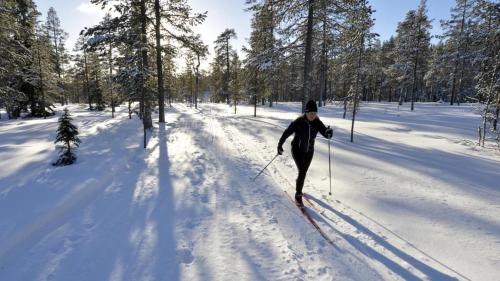 a person is cross country skiing in the snow at Stuga Sälen Kläppen 5 bäddar uthyres veckovis Söndag - Söndag in Sälen