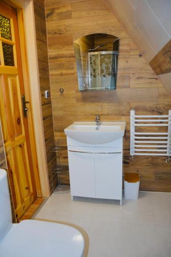 a bathroom with a white sink and a mirror at Apartamenty na starej drodze in Witów
