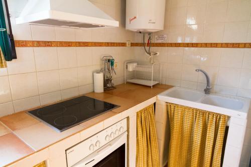 a kitchen with a sink and a stove at Apartamentos Rurales Mayorazgo in Cañete