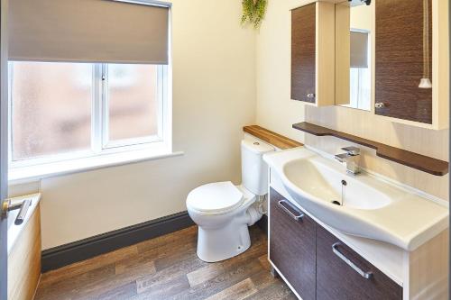 a bathroom with a toilet and a sink and a window at Queens Road 2 Bed apartments Central Richmond in Richmond