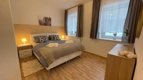 sypialnia z łóżkiem i oknem w obiekcie Apartmány Herc w mieście Jáchymov