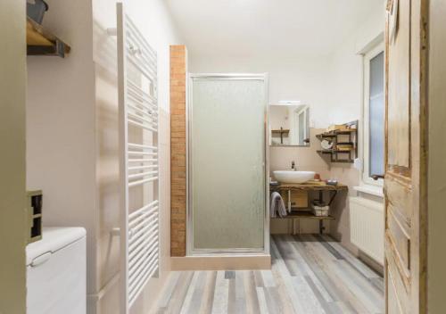 La salle de bains est pourvue d'un lavabo et d'une porte de douche en verre. dans l'établissement Thann Colmar - 1 chambre - 5 pers - Parking, à Colmar