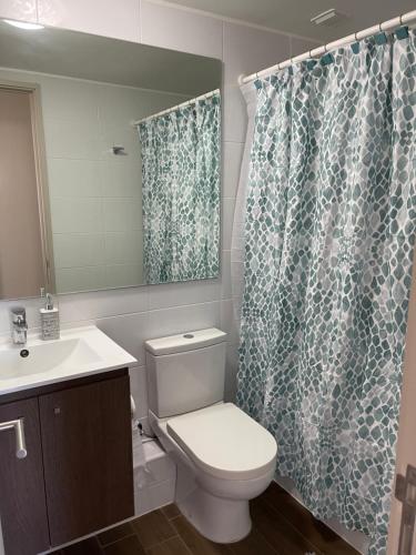 y baño con aseo y cortina de ducha. en Departamento Valdivia, en Valdivia
