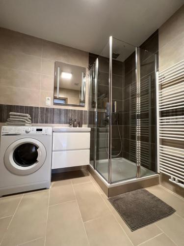 a bathroom with a washing machine and a shower at Apartman Centrum 403 in Ústí nad Labem