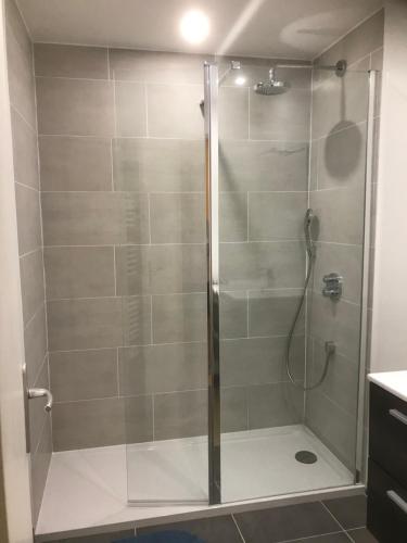 um chuveiro com uma porta de vidro na casa de banho em La Madonette em Nice