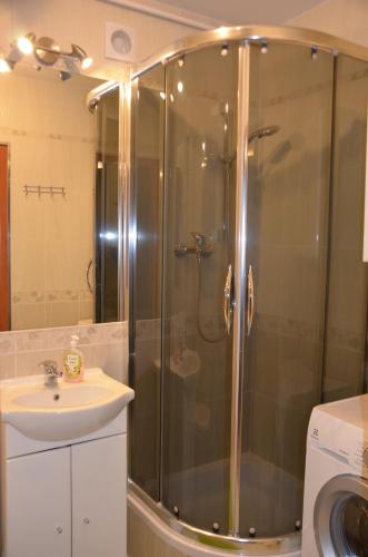 y baño con ducha y lavamanos. en Apartament u Katarzyny, en Grodzisk Mazowiecki