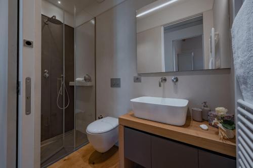a bathroom with a sink and a toilet and a shower at CHIANTI LUXURY APARTMENTS GREVE in Greve in Chianti