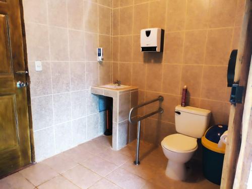 La salle de bains est pourvue de toilettes et d'un lavabo. dans l'établissement Amphibia House, à Agua Azul