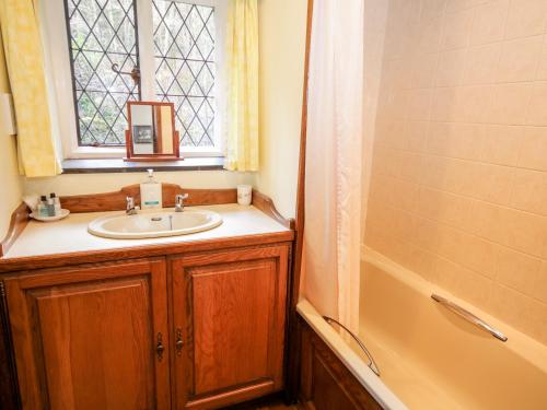 a bathroom with a sink and a window and a tub at Nant Cottage in Llanrwst