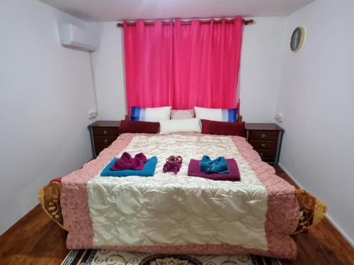 Buenaventura Cosy Apartment kato Paphos في Paphos: غرفة نوم بسرير كبير وستارة وردية