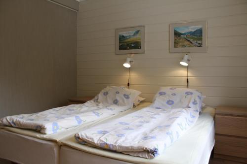 two twin beds in a room with two pictures on the wall at Jostedal Hotel in Jostedal