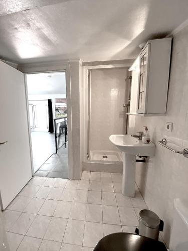 une salle de bain blanche avec un lavabo et une douche dans l'établissement Serbes Top Floor, à Cannes