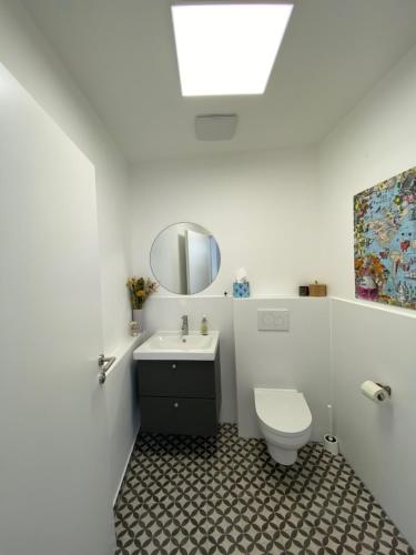 a bathroom with a sink and a toilet and a mirror at Ferienwohnung Weingut Höllerer in Engabrunn