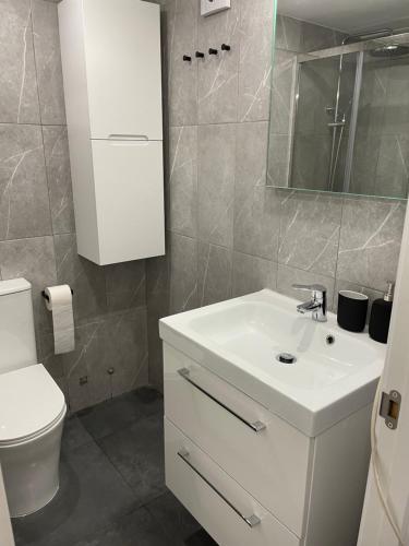 a bathroom with a white sink and a toilet at Baqueira 1500 (pie pista). Edificio Bonaigüa in Naut Aran