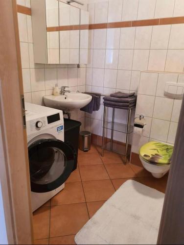 a bathroom with a washing machine and a sink at Ferienwohnung in Neustadt-Glewe