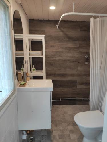 a bathroom with a white sink and a toilet at Old Finnish lakeside cottage with sauna in Oulu