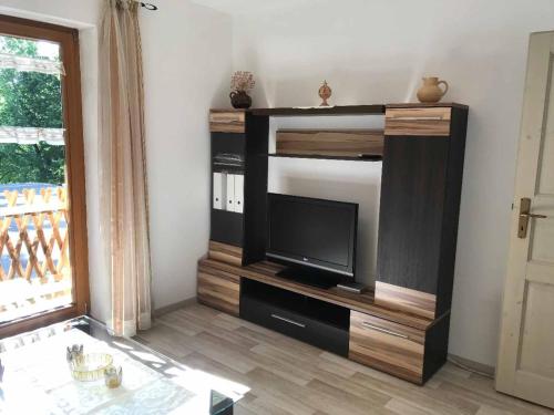 a living room with a television on a entertainment center at Ferienhaus Napoleon in Waldmünchen