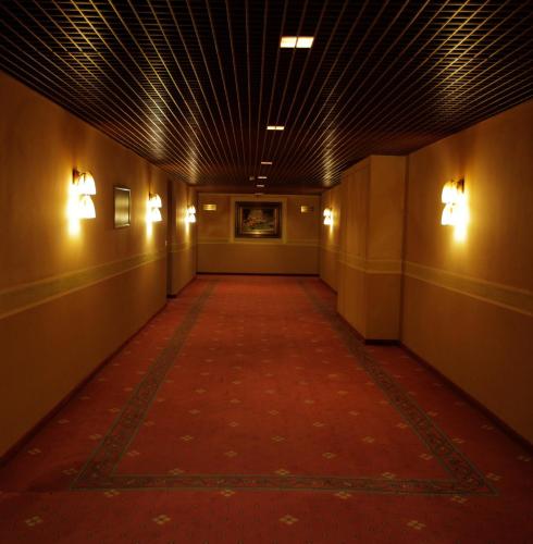 a long hallway with lights on the ceilings and a red carpet at Monteverde Hotel in Beit Meri