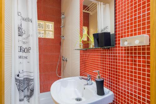 a bathroom with a sink and a red tiled wall at Bocage Loft (Setúbal downtown) in Setúbal