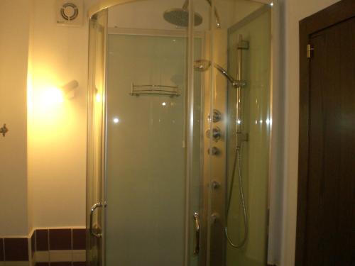 a shower with a glass door in a bathroom at I Ciliegi in Osimo