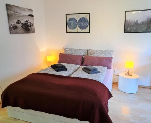 a bedroom with a bed with two lamps on it at Kupferberg - helles und gemütliches Appartement in Uninähe in Mainz