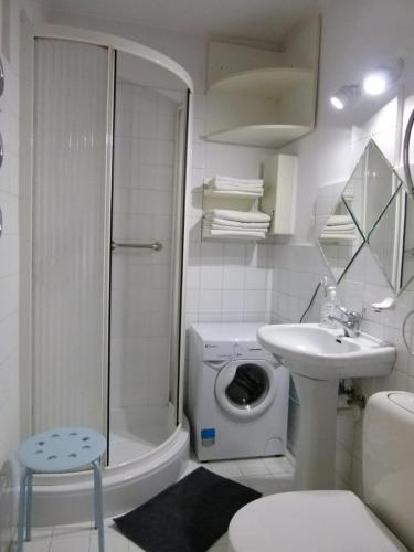 y baño con lavamanos y lavadora. en Apartament BB Źródlana, en Krynica-Zdrój