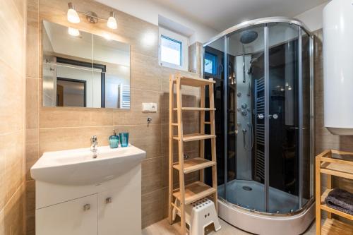W łazience znajduje się umywalka i prysznic. w obiekcie Apartmán Liška v Peci - apartmánový dům Horalka, Pec pod Sněžkou w mieście Pec pod Sněžkou