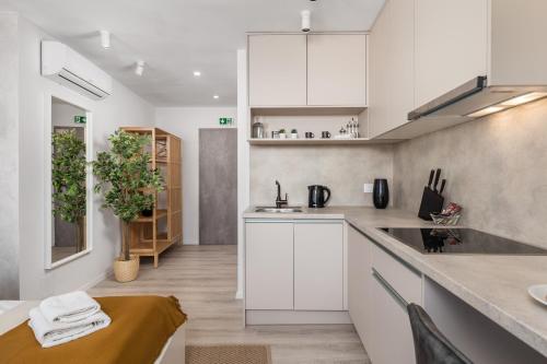 uma cozinha com armários brancos e uma bancada em Apartments Penkala em Rijeka