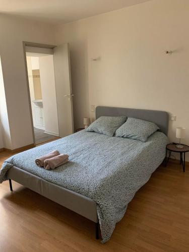- une chambre avec un lit et une serviette dans l'établissement Ravissant Appartement T3 hypercentre de Mazamet, à Mazamet