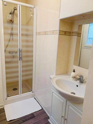 La salle de bains blanche est pourvue d'une douche et d'un lavabo. dans l'établissement Ravissant Appartement T3 hypercentre de Mazamet, à Mazamet