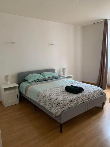 - une chambre avec un lit et un sac à dos dans l'établissement Ravissant Appartement T3 hypercentre de Mazamet, à Mazamet