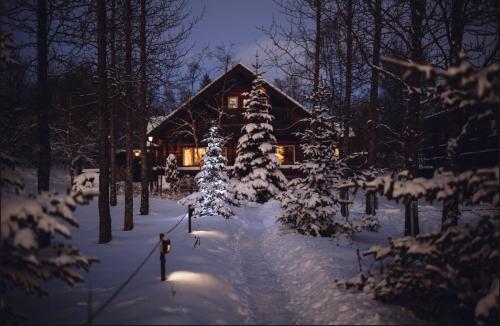 una baita di tronchi nella neve di notte di Blue Hotel Fagrilundur - On The Golden Circle a Reykholt