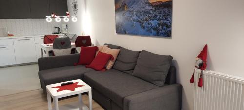 salon z kanapą i stołem w obiekcie Triventi Apartament Rajski w mieście Karpacz