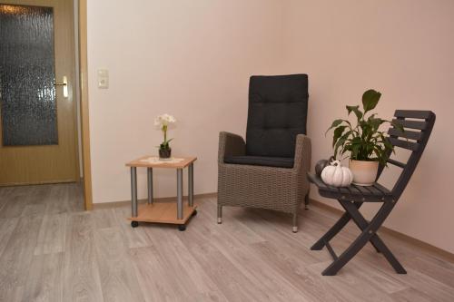 a living room with a chair and a table with a plant at Ferienwohnung Elisabeth in Egloffstein