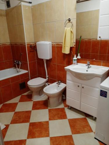 a bathroom with a toilet and a sink and a tub at Apartman Hana in Sanski most