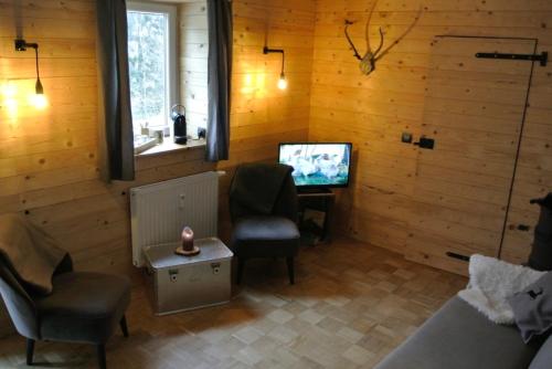 uma sala de estar com uma televisão, um sofá e uma cadeira em Altes Forstamt Altenau em Altenau