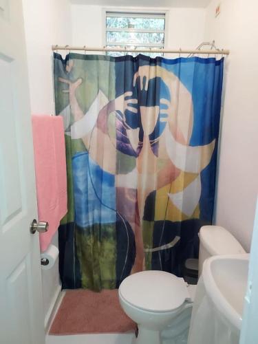 La salle de bains est pourvue d'un rideau de douche et de toilettes. dans l'établissement Confort y Relajacion apto 5, à Dorado