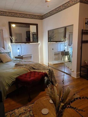 ein Schlafzimmer mit einem großen Bett und einem Spiegel in der Unterkunft Cozy, Cute, Private Ozark Suite 5 Mins to Hospital in Ozark