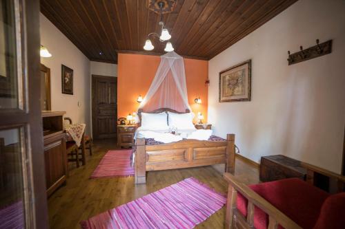 a bedroom with a bed with a mosquito net at Archontiko Tsiboni in Elati Trikalon