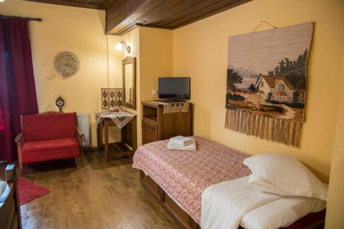 a bedroom with a bed and a tv and a chair at Archontiko Tsiboni in Elati Trikalon