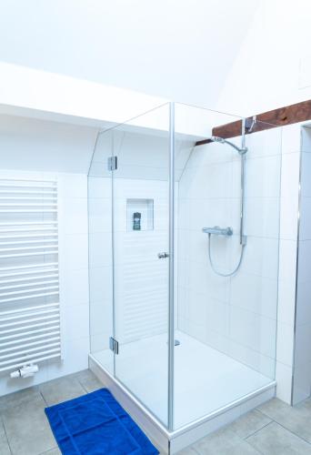 a shower in a bathroom with a blue rug at AMBERG [APART] - Wohnung [CITY] - Wohnraum auf Zeit in Amberg