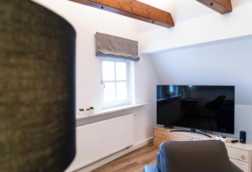 AMBERG [APART] - Wohnung [CITY] - Wohnraum auf Zeit في أمبيرغ: غرفة معيشة مع تلفزيون بشاشة مسطحة كبيرة