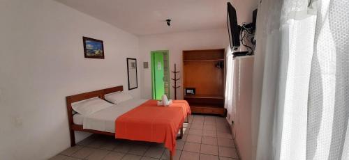 a bedroom with a bed and a green door at Pousada Milani in Florianópolis