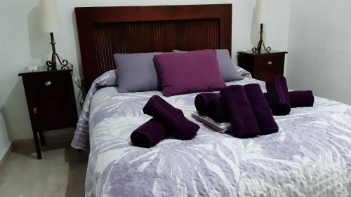 een bed met paarse kussens erop bij PATIO POMPEYOS in Córdoba