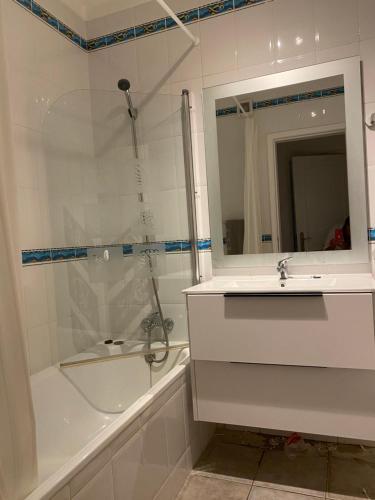 a bathroom with a shower and a sink and a tub at Tavira near the center - two bedroom with balcony in Tavira