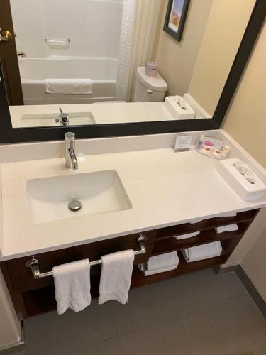 a bathroom with a sink and a mirror at Comfort Inn in Lethbridge