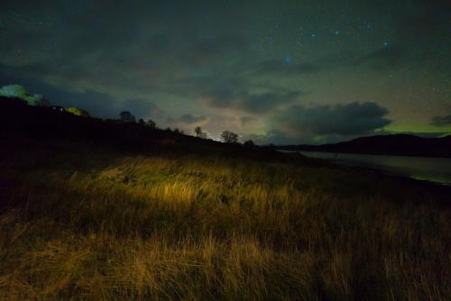 a field of tall grass with a sky with stars at Beautiful views from right above the water in Dunan