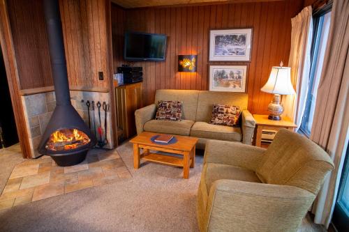 a living room with a couch and a fireplace at Lutsen Sea Villas in Lutsen